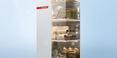 Renderbild des Varta Key visuals: Ein Haus in Form eines Energiespeichers. Wir sehen in das Haus hinein.